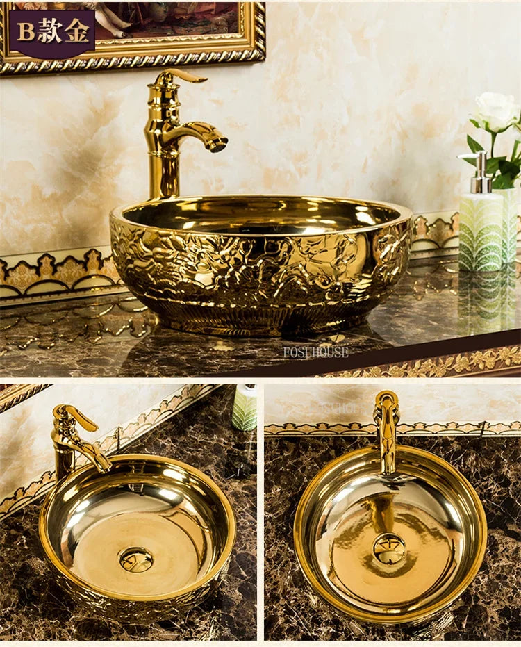 A17 Luxus Gold Badezimmer Waschbecken Haushalt Keramik Waschbecken Kreative Toilette Rund Aufsatzwaschbecken Einfaches Badezimmer Zubehö
