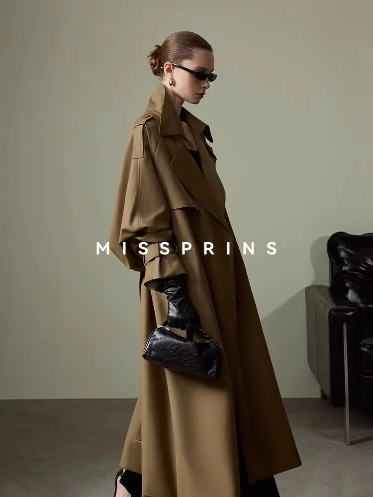 Lautaro Frühling Herbst Langer Khaki Trenchcoat für Damen Gürtel Zweireiher Schick Luxus Designer Europäische Mode Kleidung 2025