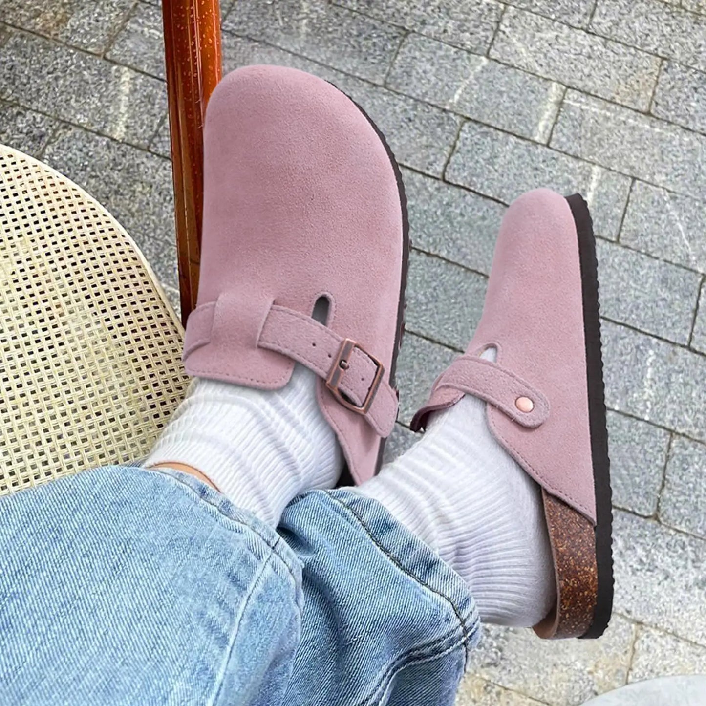 KIDMI Wildleder-Clogs für Damen Herren Pantoletten Korkfußbett Sandalen mit Fußgewölbestütze Modische rutschfeste Outdoor-Strandschuhe Hausschuhe