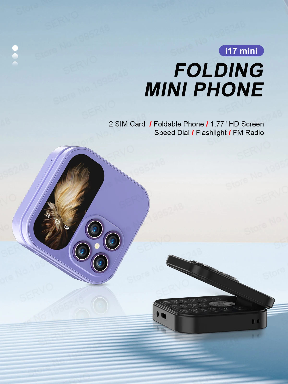 SERVO i17 Mini Flip Mobile Phone 2G Network 1.77inch Screen Dual SIM Flashlight Speed Dial FM Radio Small Fashion Foldable Phone