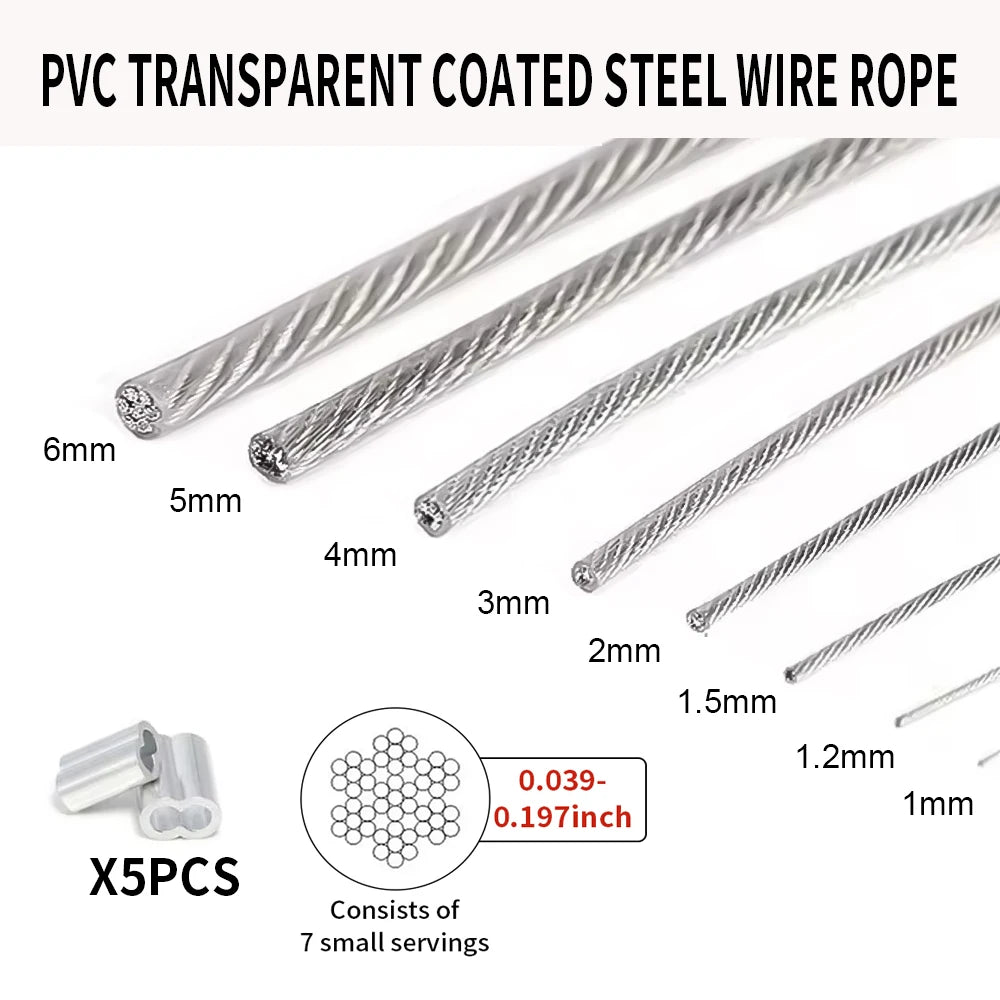 1/1.2/1.5/2/3/4/5mm cable rope, 5-20M PVC transparent coated steel cable rope, 304 stainless steel cable rope