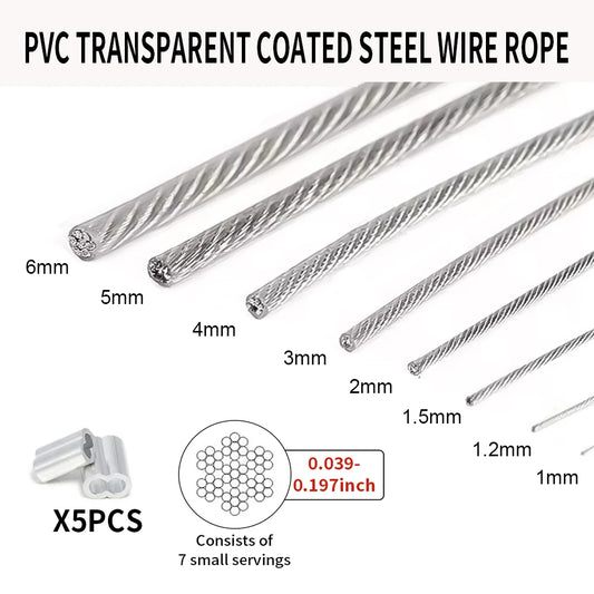1/1.2/1.5/2/3/4/5mm cable rope, 5-20M PVC transparent coated steel cable rope, 304 stainless steel cable rope