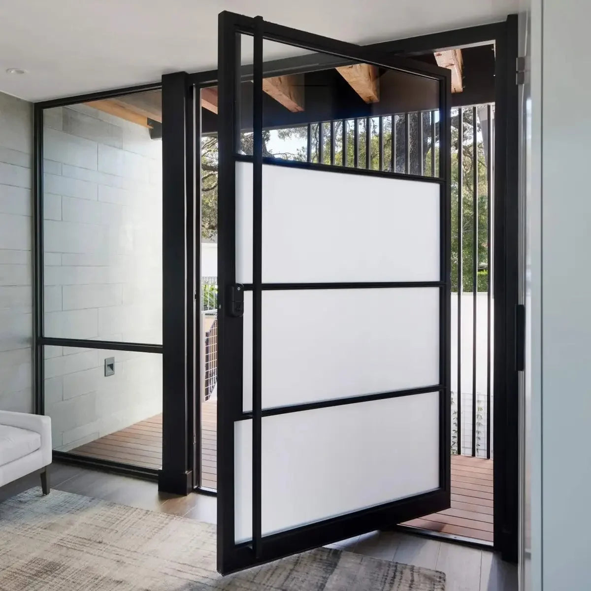 Portes d'entrée modernes pour maison, portes d'entrée en verre trempé de sécurité, porte pivotante en verre et aluminium pour villas, ouverture manuelle intérieure