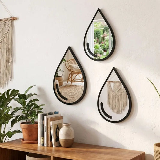 3 Pcs Autocollants Muraux Miroir Acrylique Autocollants Muraux Imperméables en Forme de Goutte d'Eau Miroir Cadre Noir Minimaliste