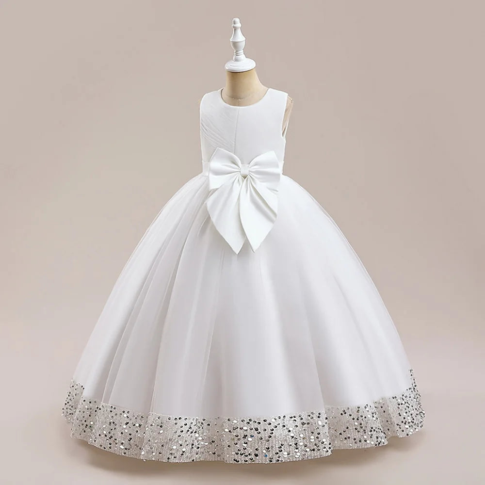 Fluffy Pailletten Brautjungfern Prinzessin Mädchenkleid Elegante Schleife Rosa Hochzeit Abschlussball Abend Kinder Partykleider für Mädchen Geburtstagskostüme