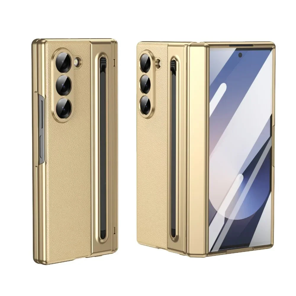 Leder mit Stahlfilm Stifthalter Handyhülle für Samsung Galaxy Z Fold 7 6 5 4 Fold7 Fold6 Scharnierschutz Stoßfeste Hülle