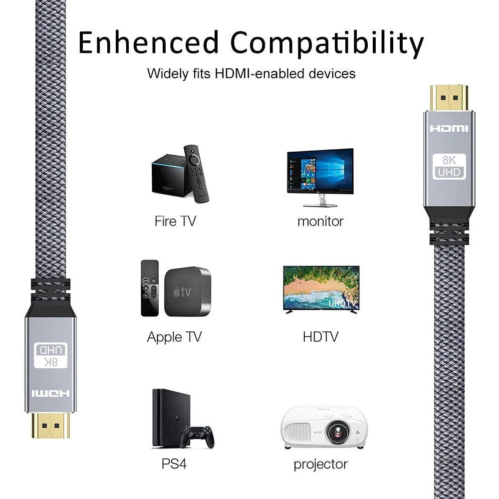 Câble HDMI plat 8K 48 Gbit/s haute vitesse 8K60 4K120 144 Hz Cordon HDMI 2.1 tressé 3D eARC HDCP 2.2 et 2.3 Compatible avec Roku TV/PS5
