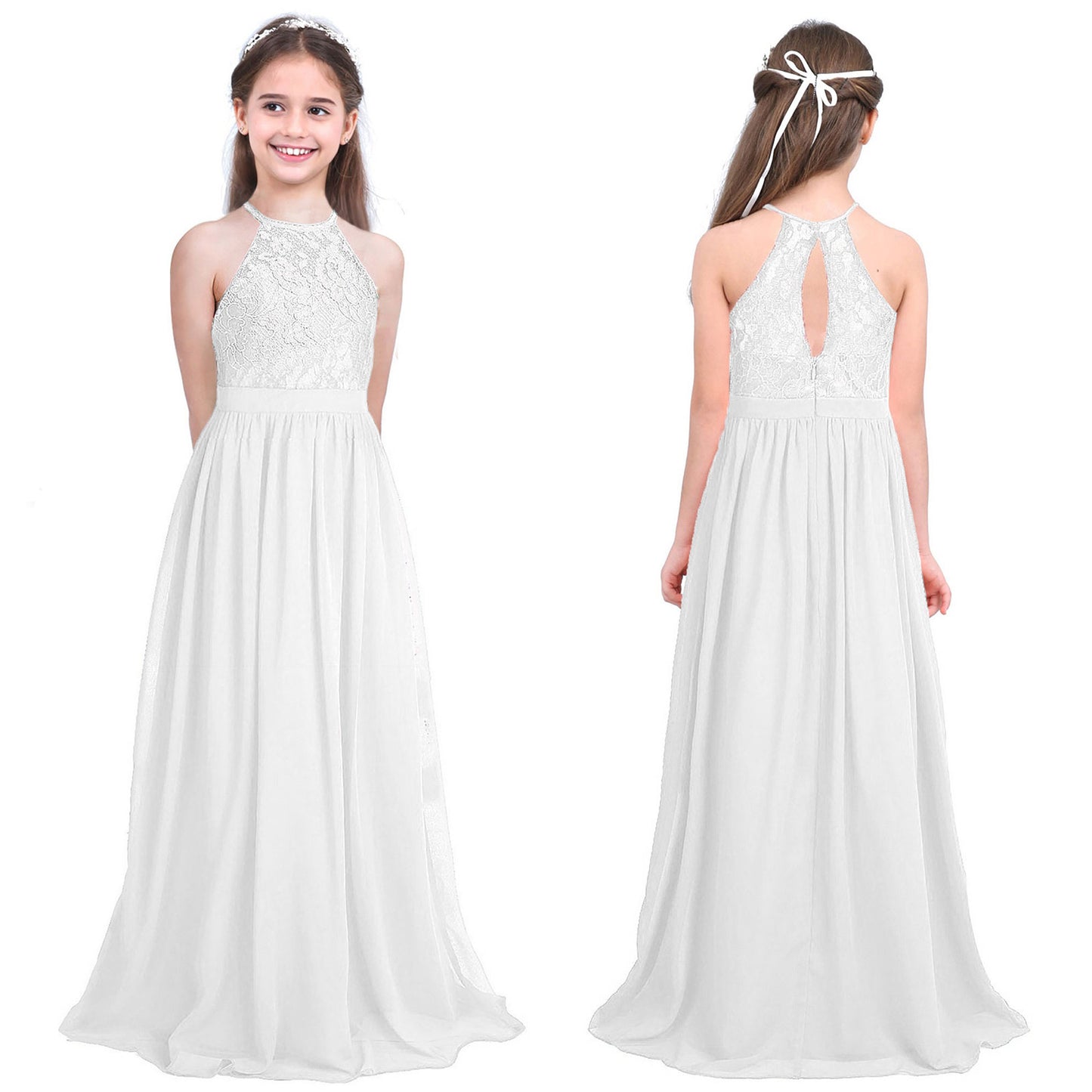 Robe de demoiselle d'honneur en mousseline florale avec découpe au dos pour enfants, tenue de fête d'anniversaire ou de mariage pour filles