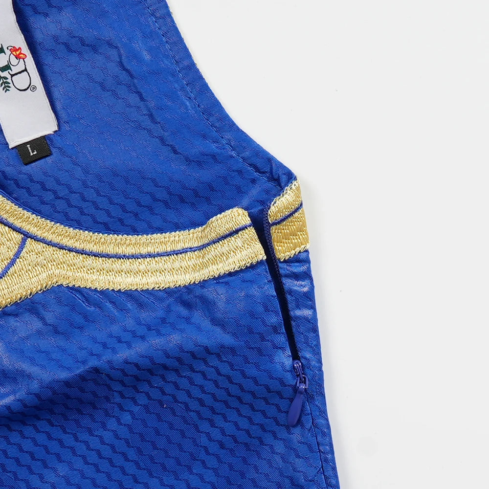 H&D Nouveaux Vêtements Africains pour Hommes Tradition Vêtements Broderie Bleu Ensemble 2 Pièces Haut Pantalon Bazin Musulman Mariage Fête Dashiki