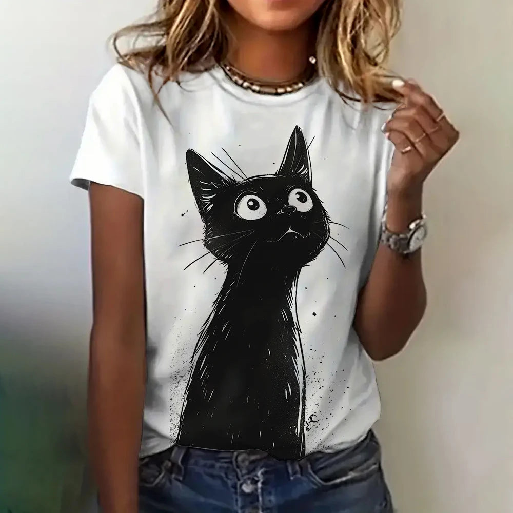 T-shirt Femme Impression 3D Chat Vêtements Été Col Rond Mode Manches Courtes Élégant Décontracté Haut Ample T-shirt Vêtements Femme