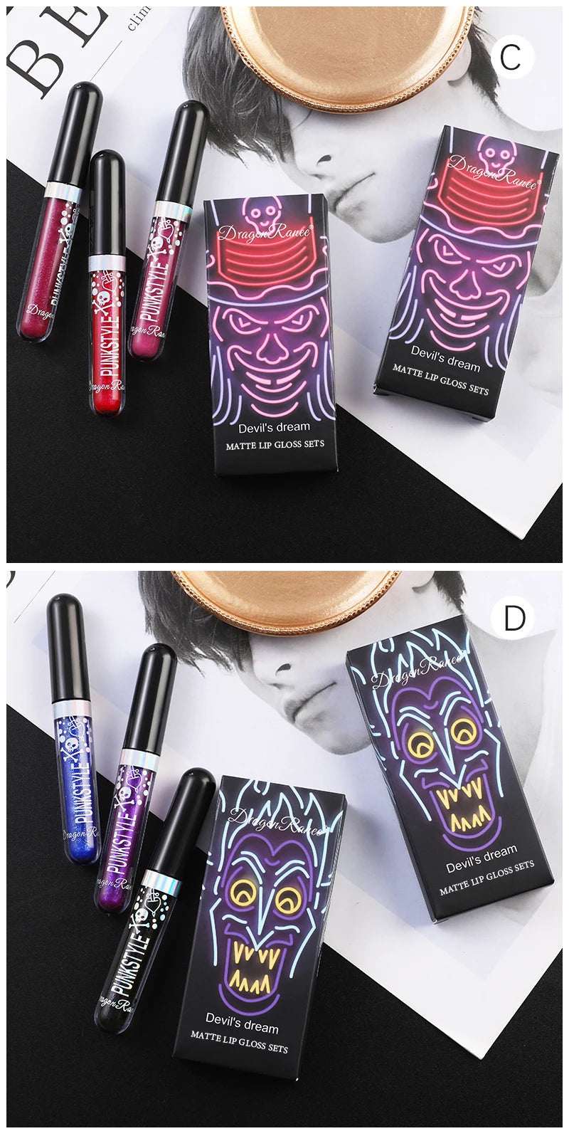 Lip Gloss in a Box of Three, Pearlescent Lipstick in a Non-Stick Cup, Shiny Purple and Black Lip Gloss Set