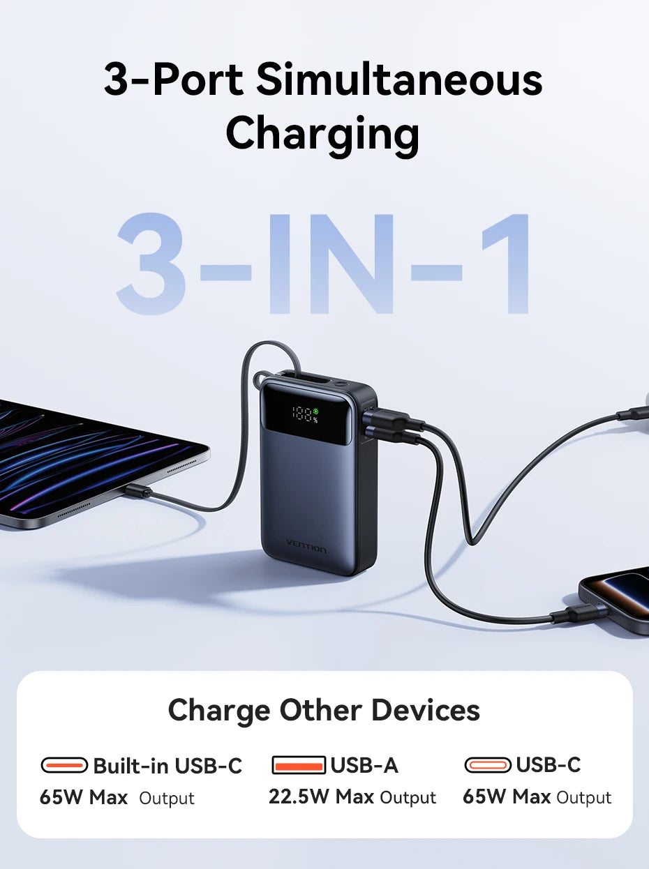 Vention 65W Power Bank 20000mAh Built-in USB-C Cable Portable Powerbank for Laptop PD Fast Charger for iPhone 17 Samsung S25 S24