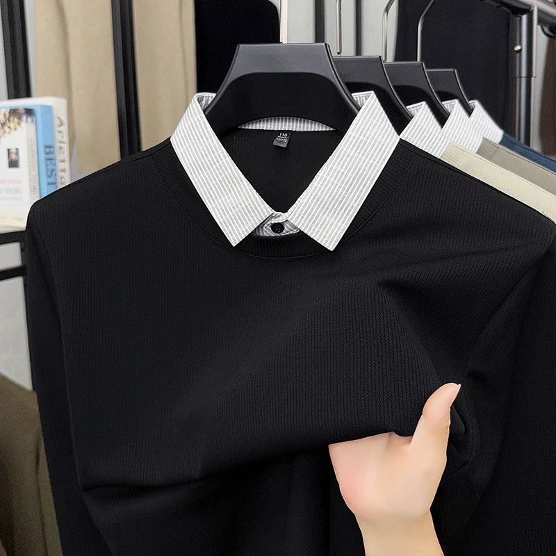 Nouveau polo faux deux pièces pour homme 2025, décontracté, à la mode, à manches longues, col t-shirt, haut polyvalent