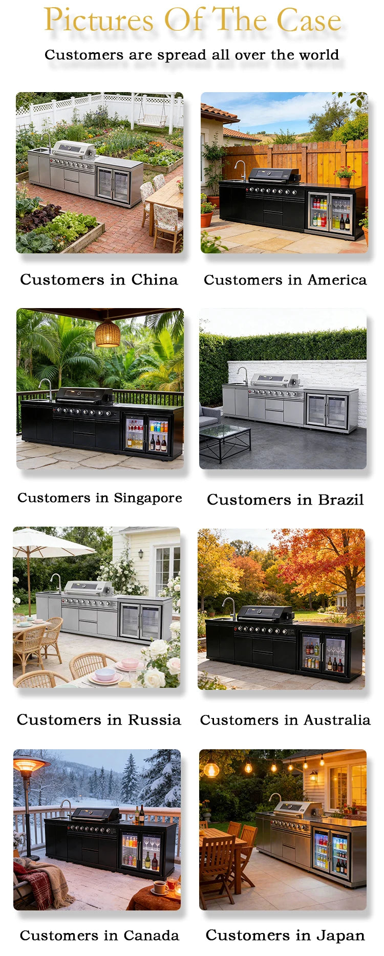 Cuisines d'extérieur modernes modulaires fonctionnelles en acier inoxydable avec grill, plaques de cuisson, évier, réfrigérateur et LED pour patio et jardin.