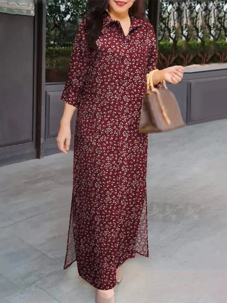 ZANZEA Robe longue à manches 3/4 pour femme, collection automne 2024, robe-chemise en coton avec col à revers, imprimé floral vintage, robe longue, nouveauté