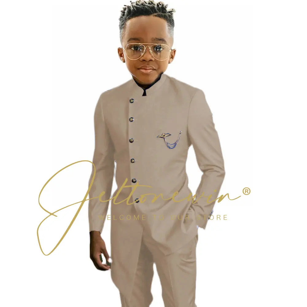 Königsblaues afrikanisches Design Jungen-Anzüge Set für Hochzeit Formeller Smoking Kinder Kostüm Klavieraufführung Maßgeschneiderte Kinder