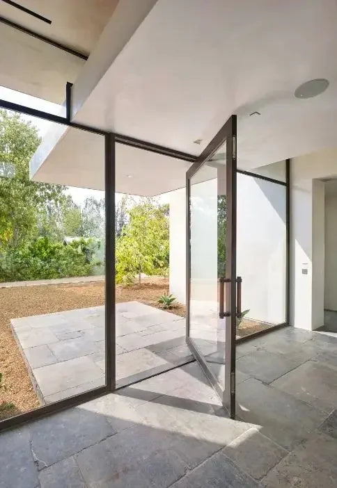 Portes d'entrée modernes pour maison, portes d'entrée en verre trempé de sécurité, porte pivotante en verre et aluminium pour villas, ouverture manuelle intérieure