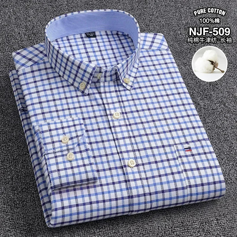 100-220 catties Plus Size Men's Shirt 100% Cotton Long Sleeve Business Casual All Oxford Spinning Plus Size Plaid Shirt