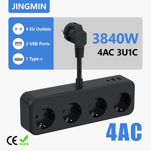 3840W EU Steckdosenleiste mit 2 USB-A- und 1 Typ-C-Anschluss, 4 AC-Steckdosen, Schnelllade-Mehrfachsteckdose mit Überspannungsschutz für Zuhause