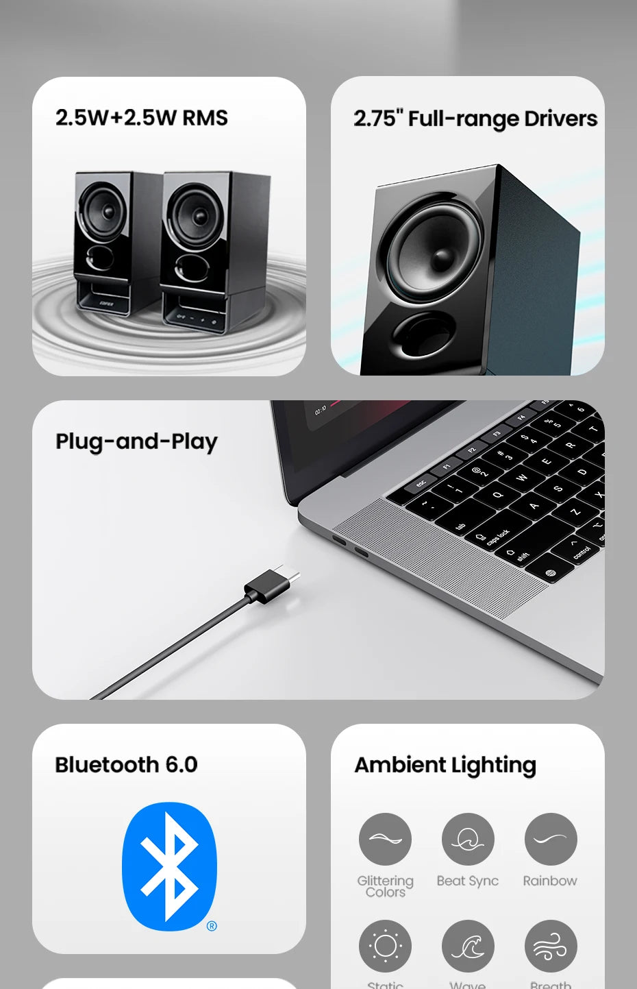 Edifier R20BT USB-Powered Speaker Bluetooth 6.0 Computer Speakers With Light Effects USB-C AUX Inputs