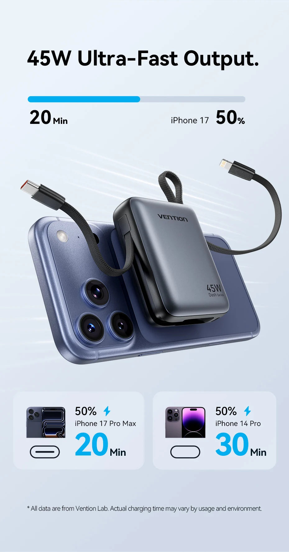 Vention 45W 10000mAh Powerbank mit integriertem USB-C- und Lightning-Kabel, tragbare Powerbank für iPhone 17 16 Samsung S26 S25 Xiaomi Poco