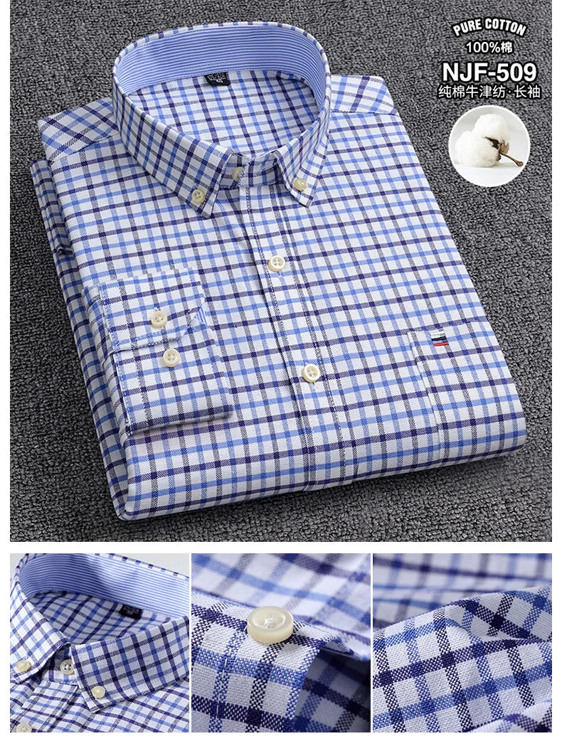 100-220 catties Plus Size Men's Shirt 100% Cotton Long Sleeve Business Casual All Oxford Spinning Plus Size Plaid Shirt