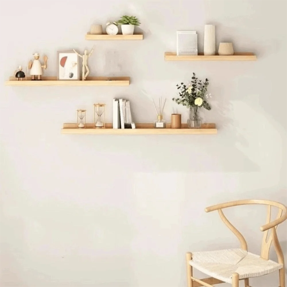 Space Saving Wooden Floating Shelf Minimalist Style Rustic Wall Mounted Storage Rack Decorative Bookshelf Organizer
