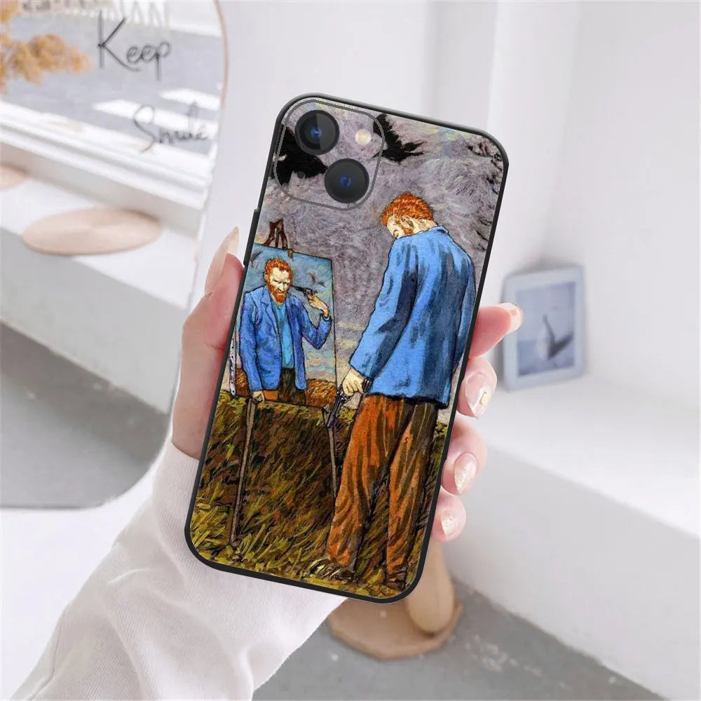 Art Van Gogh Sternenklare Sonnenblume Handyhülle für iPhone 11 12 13 14 15 16 17 Pro Max 17AIR 14 15 16 Plus Schwarze Weiche Silikonhülle
