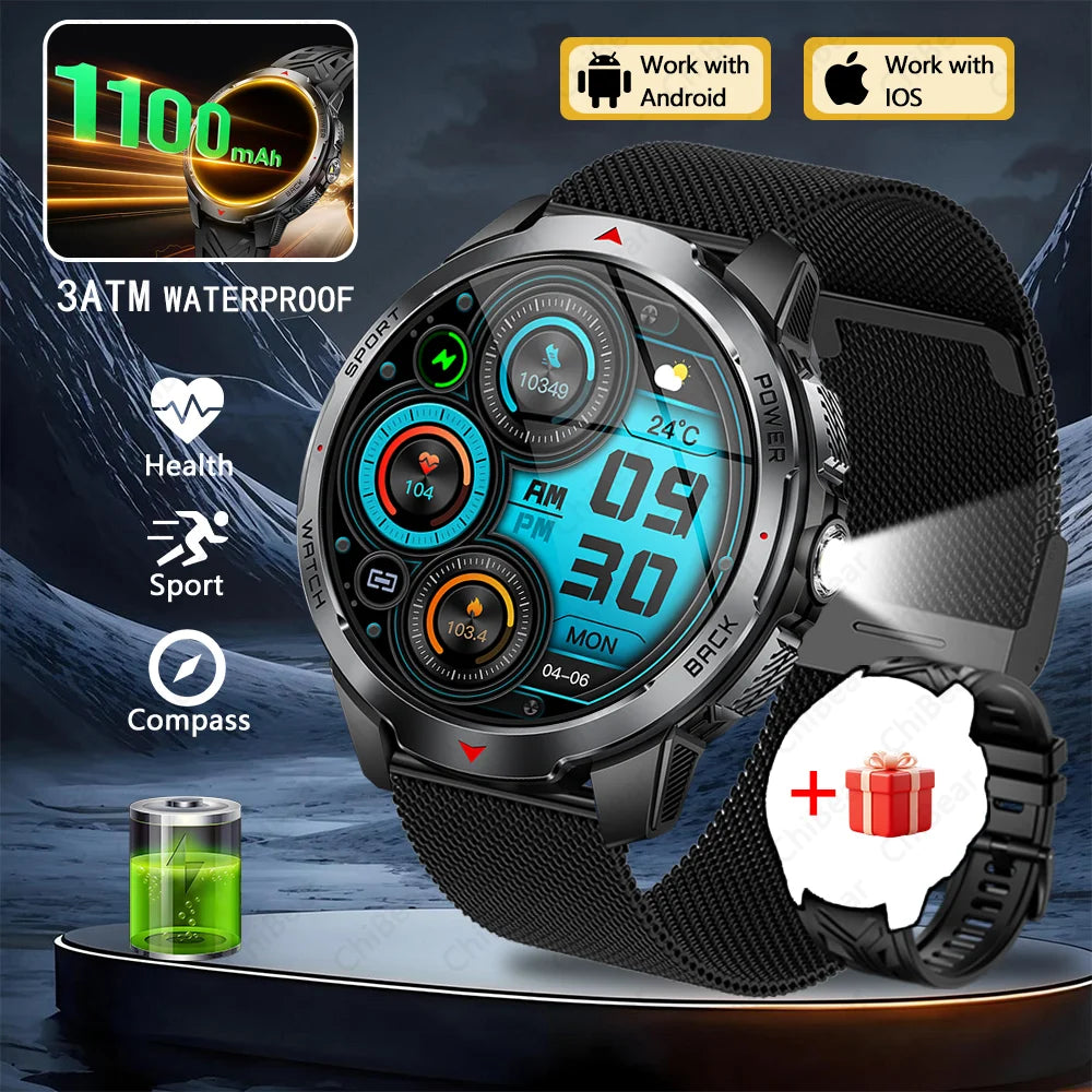 1100mAh Military Outdoor Smart Watch Men 1.7-inch Large Display Compass Sports Watch IP68 Waterproof Bluetooth Call Smartwatch
