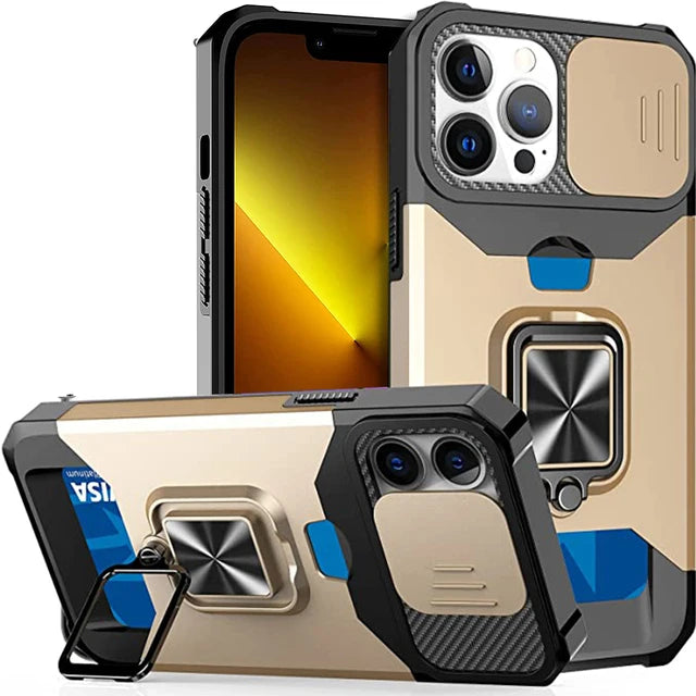Hülle für iPhone 17 16 15 14 13 12 Pro Max Plus 8 7 Plus Mini Robuster Schutz mit Schiebe-Kameraabdeckung und Kartenclip-Abdeckung