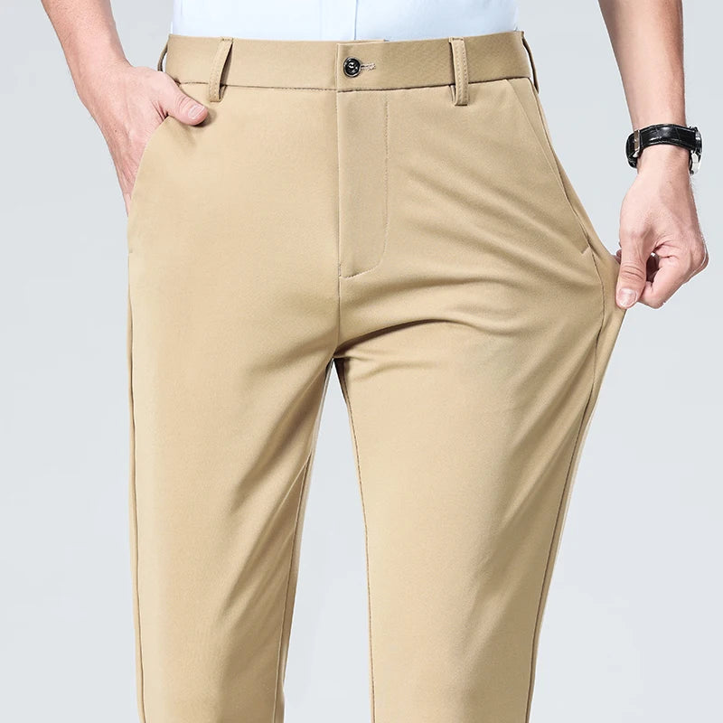 Pantalon Homme Printemps Été Coupe Droite Fin Costume de Ville Habillé Travail Décontracté Business Noir Rouge Vin Pantalon Long