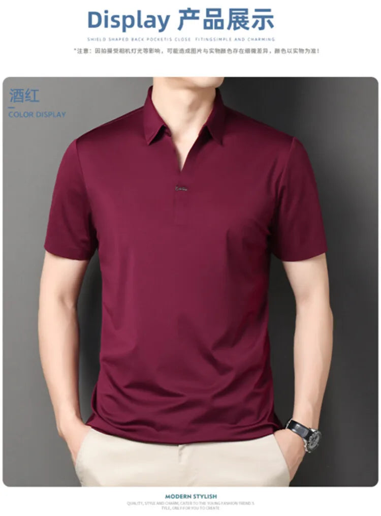 Polo 2024 de haute qualité, extensible et élastique, Chemise à manches courtes pour hommes, style décontracté, Col en V sans coutures, Polo pour hommes M-4XL