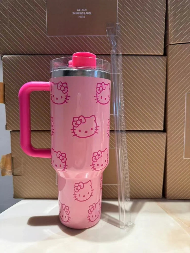 Kawaii Hello Kitty 40oz Edelstahl-Vakuumbecher Anime mit Griff Strohhalmbecher Kaffeetasse mit Verpackungskarton Schnelle Lieferung