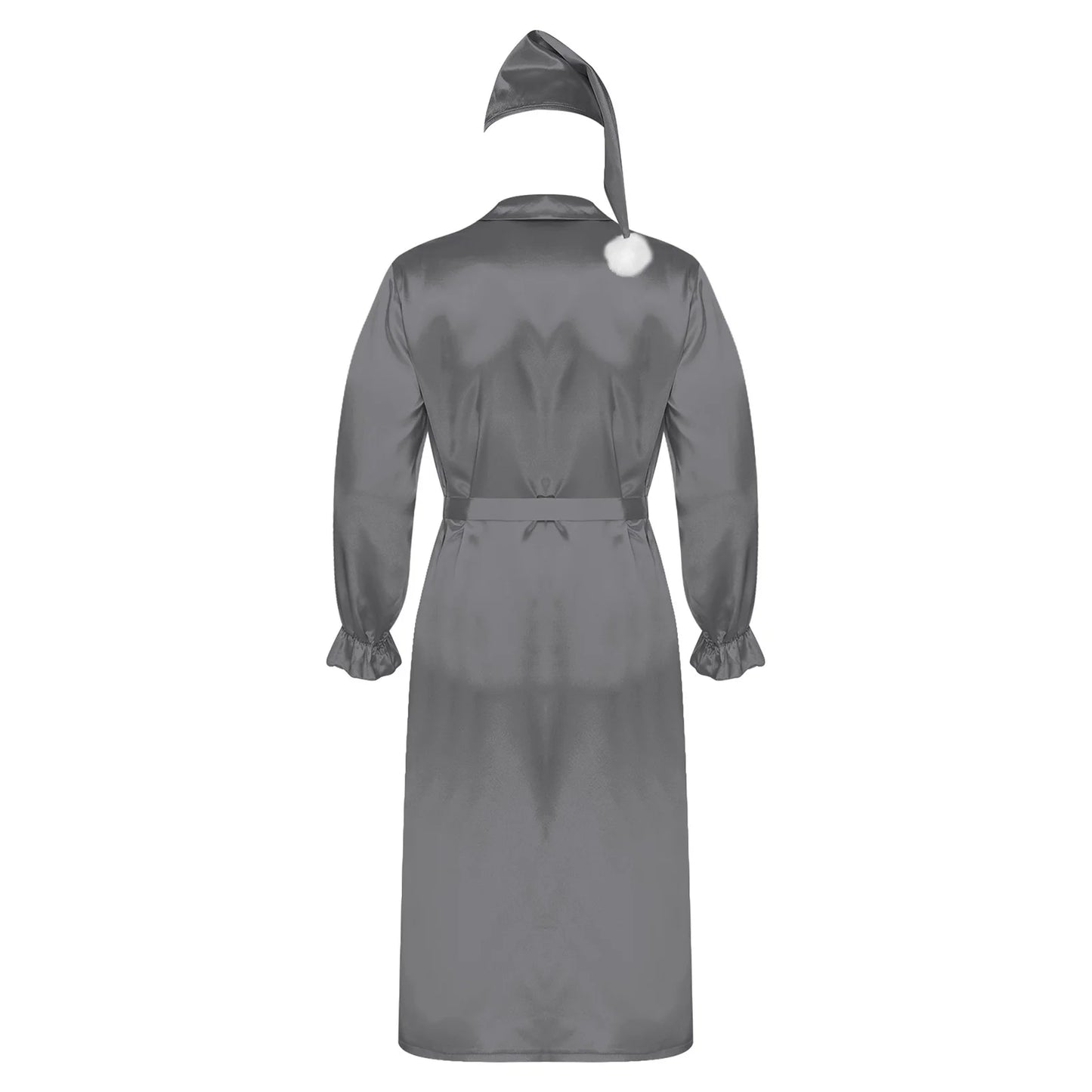 Herren Sissy Pyjama Satin-Nachtwäsche Nachthemd mit Schlafhaube Langarm Rüschenmanschetten Plissierter Brustumhang mit Gürtel Vintage