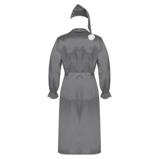 Mens Sissy Pajamas Satiny Nightwear Nightgown with Sleeping Hat Long Sleeve Ruffled Cuffs Pleated Chest Robe with Belt Vintage