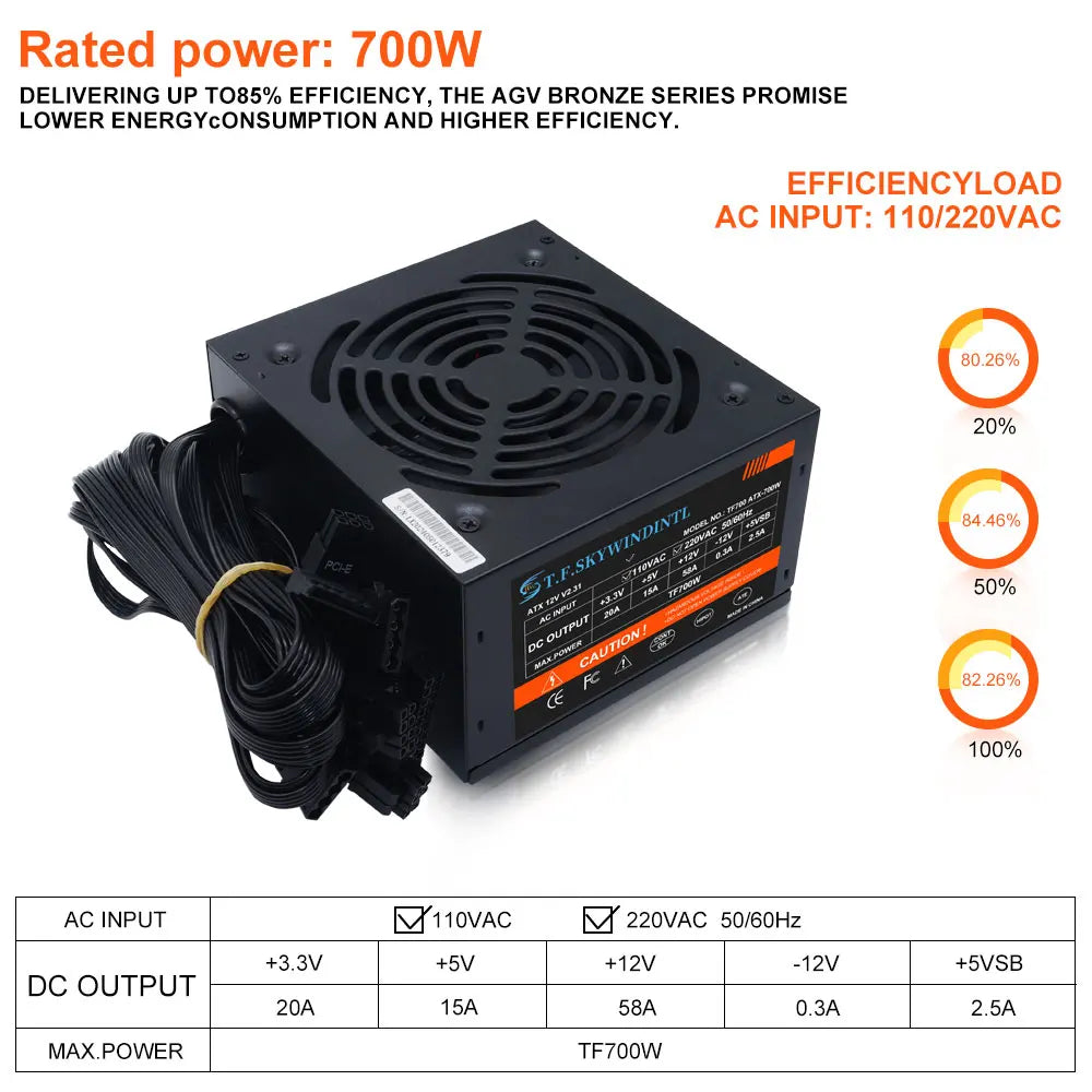 Unité d'alimentation PC 700W Noir Gaming Silencieux Ventilateur 120mm ATX 24 broches 12V pour ordinateur de bureau BTC