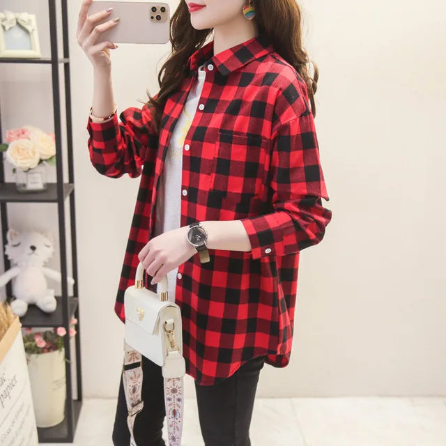 2024 Automne Nouvelle Chemise à Carreaux Ample pour Femme Marque Excellente Qualité Blouses et Hauts Design Décontracté Frais Chemises à Manches Longues pour Femme