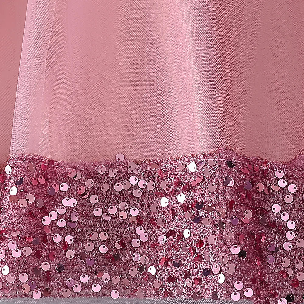 Fluffy Pailletten Brautjungfern Prinzessin Mädchenkleid Elegante Schleife Rosa Hochzeit Abschlussball Abend Kinder Partykleider für Mädchen Geburtstagskostüme