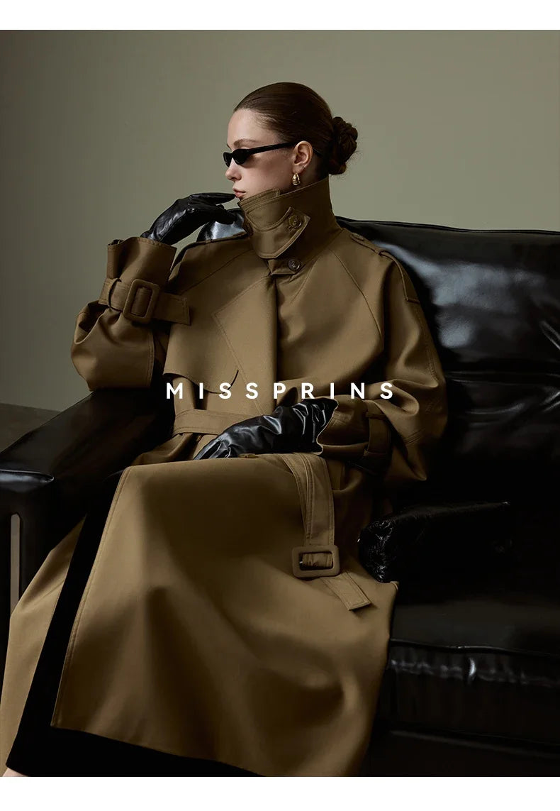 Lautaro Frühling Herbst Langer Khaki Trenchcoat für Damen Gürtel Zweireiher Schick Luxus Designer Europäische Mode Kleidung 2025