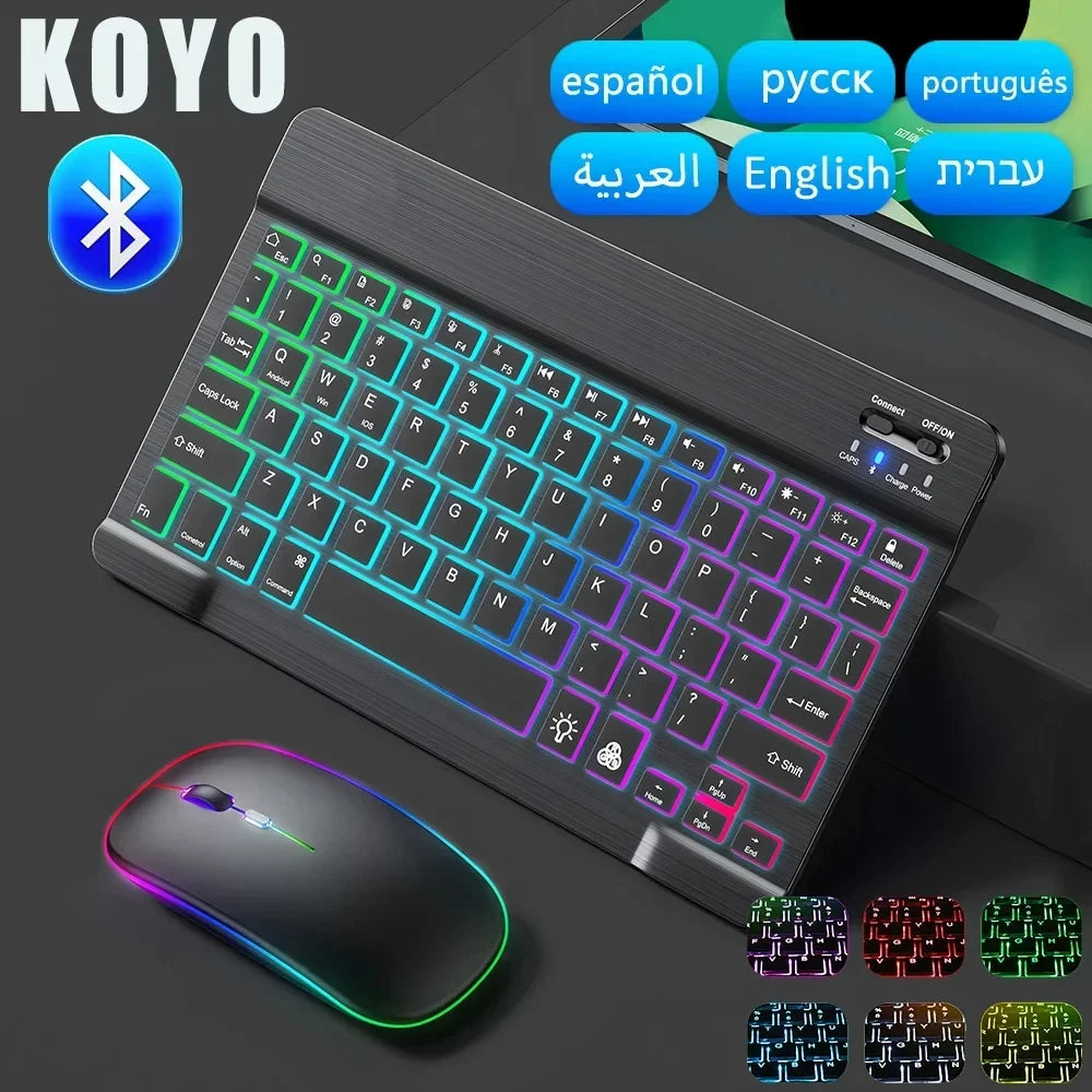Mini RGB-Hintergrundbeleuchtungs-Tastatur 10 Zoll Bluetooth Kabellose Maus Wiederaufladbar für Spanisch Russisch Hebräisch Koreanisch Französisch Arabisch Portugiesisch