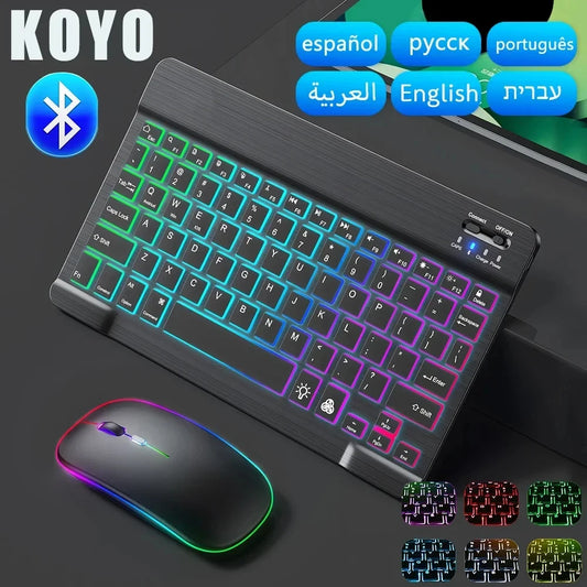 Mini RGB-Hintergrundbeleuchtungs-Tastatur 10 Zoll Bluetooth Kabellose Maus Wiederaufladbar für Spanisch Russisch Hebräisch Koreanisch Französisch Arabisch Portugiesisch