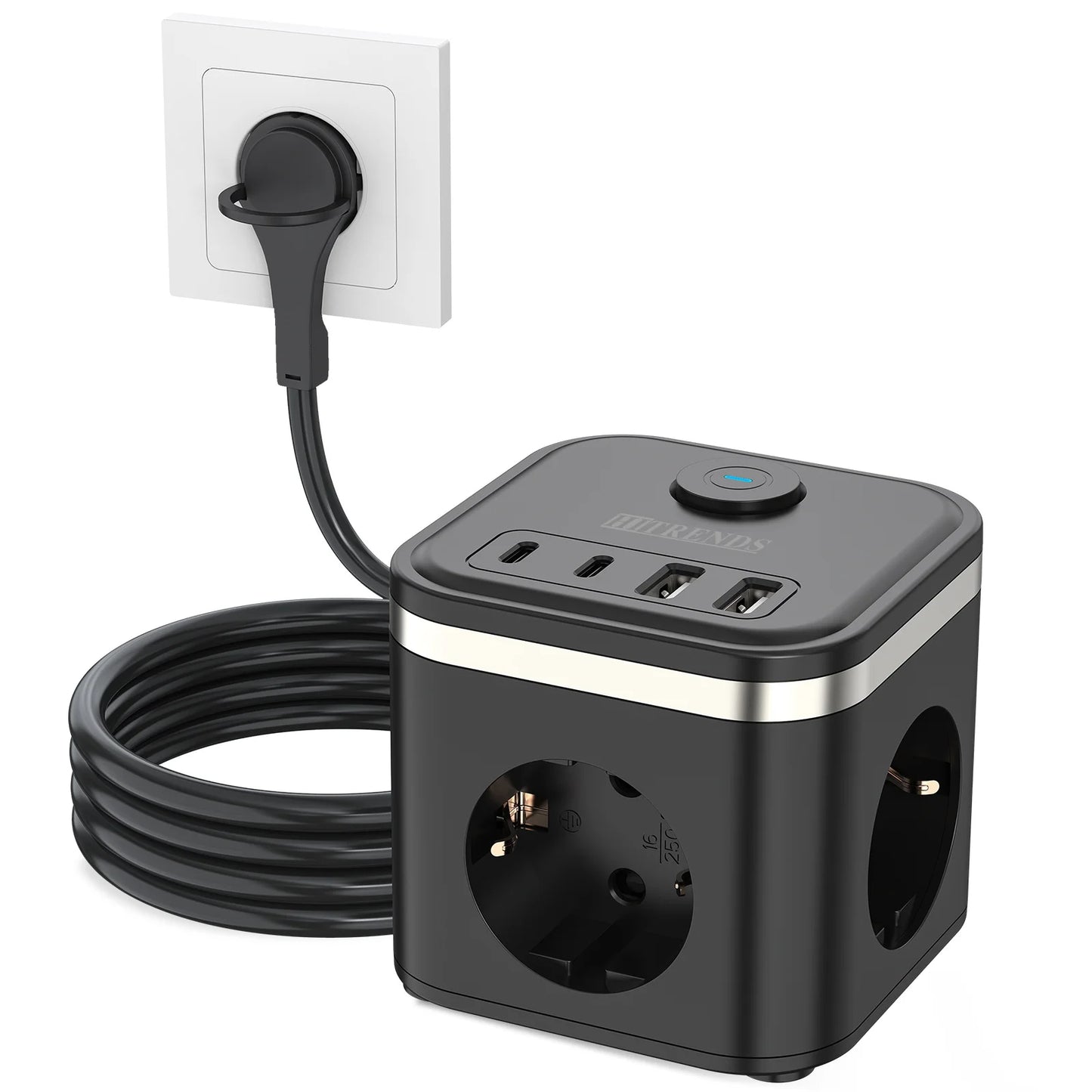 7-in-1 EU Multi-function Power board Ultra-thin flat plug with 3 AC power outlets 2 USB-C and 2 USB-A 2-meter extension cords