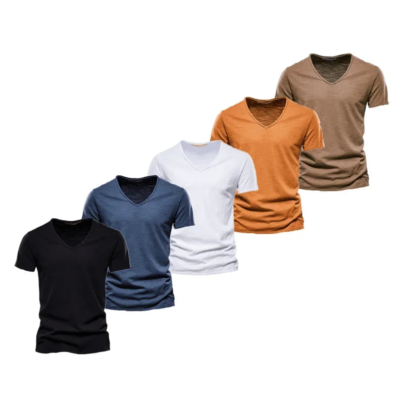 AIOPESON 5 PCS SET 100% COTTON V-neck T-shirts Men Casual Slim Fit Solid Color Summer T Shirt for Men Brand New Quality