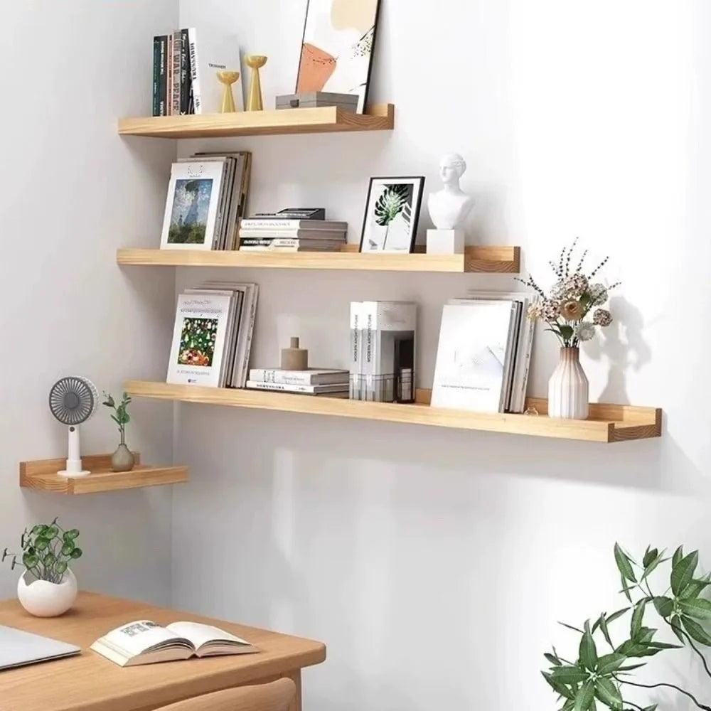 Space Saving Wooden Floating Shelf Minimalist Style Rustic Wall Mounted Storage Rack Decorative Bookshelf Organizer