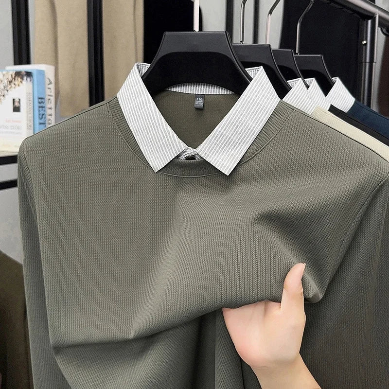 Nouveau polo faux deux pièces pour homme 2025, décontracté, à la mode, à manches longues, col t-shirt, haut polyvalent