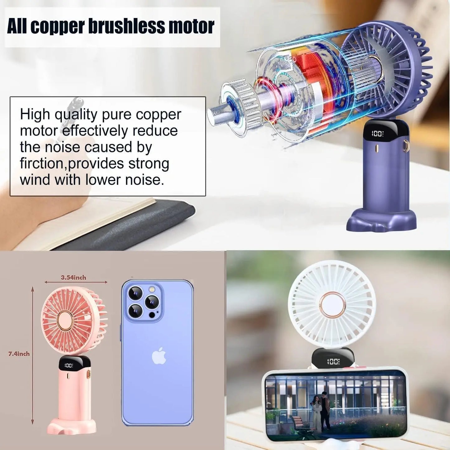 Mini ventilateur portable 3000 mAh pliable, à poser sur un bureau, à suspendre autour du cou, 5 vitesses, rechargeable par USB, support de téléphone, écran d'affichage