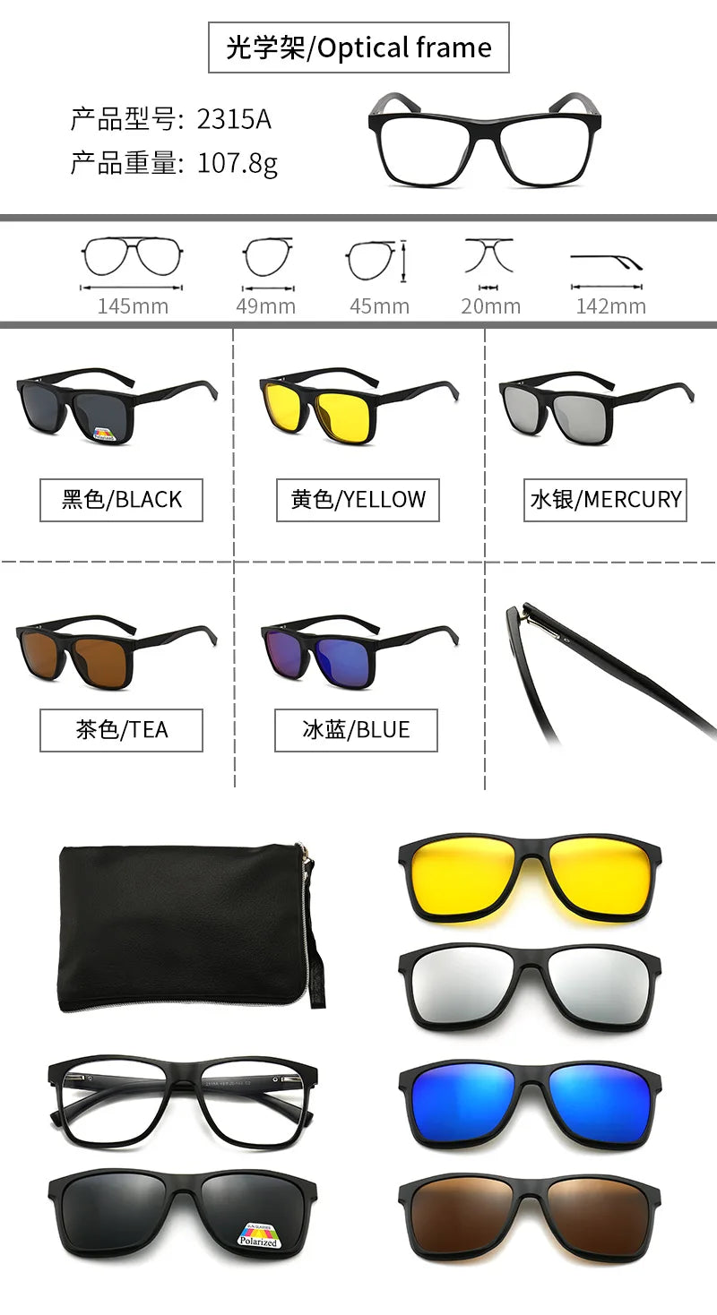 6 In 1 Polarized Sunglasses Men Women Magnetic Clip On Glasses TR90 Optical Prescription Eyeglass Frames Magnet Clips
