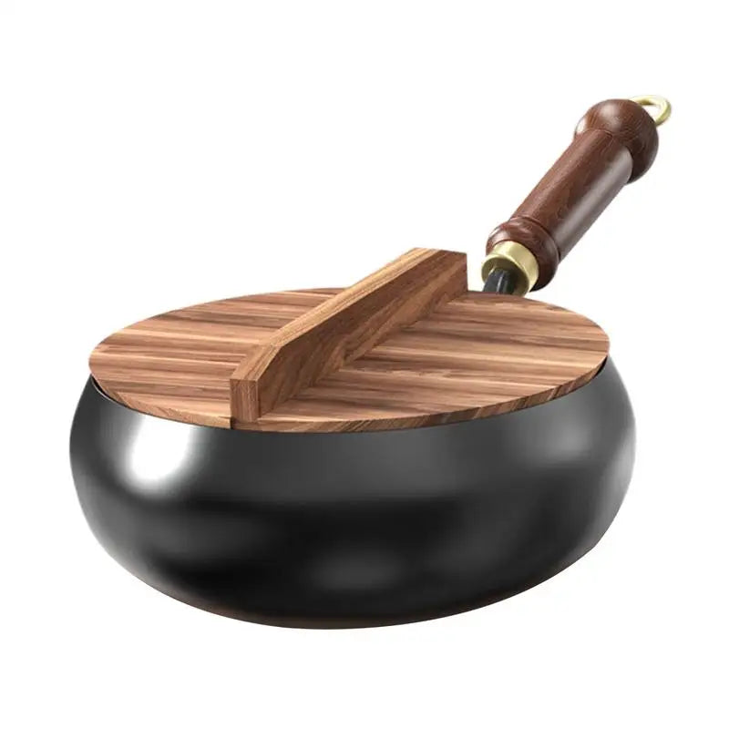 Großer Antihaft-Wok, chinesische Pfanne mit flachem Boden, unbeschichtet, tiefer Eisentopf mit Holzdeckel, 24 cm Durchmesser, Bratpfanne