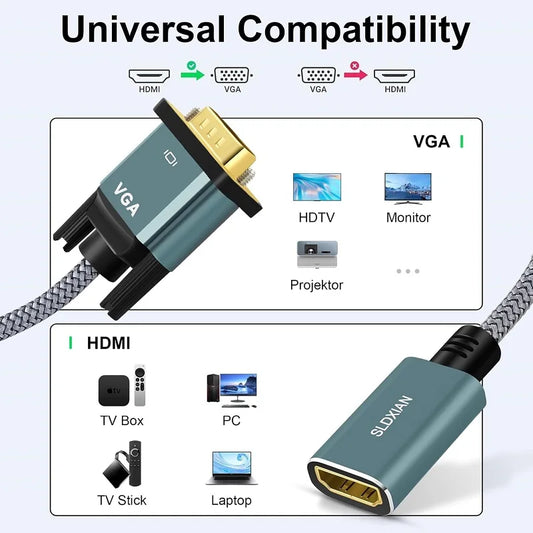 Câble HDMI vers VGA, adaptateur HDMI vers VGA (femelle vers mâle) compatible avec les moniteurs, PC, Xbox, clés TV, ordinateurs portables (2 pièces)
