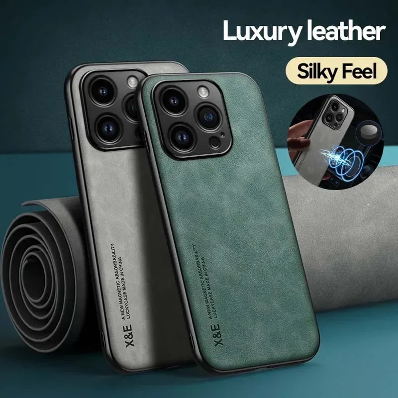 Étui en cuir de luxe pour iPhone 17 16 16e 15 14 13 12 11 Pro Max Plus 12 13 Mini SE 8 7 Housse avec plaque métallique support voiture
